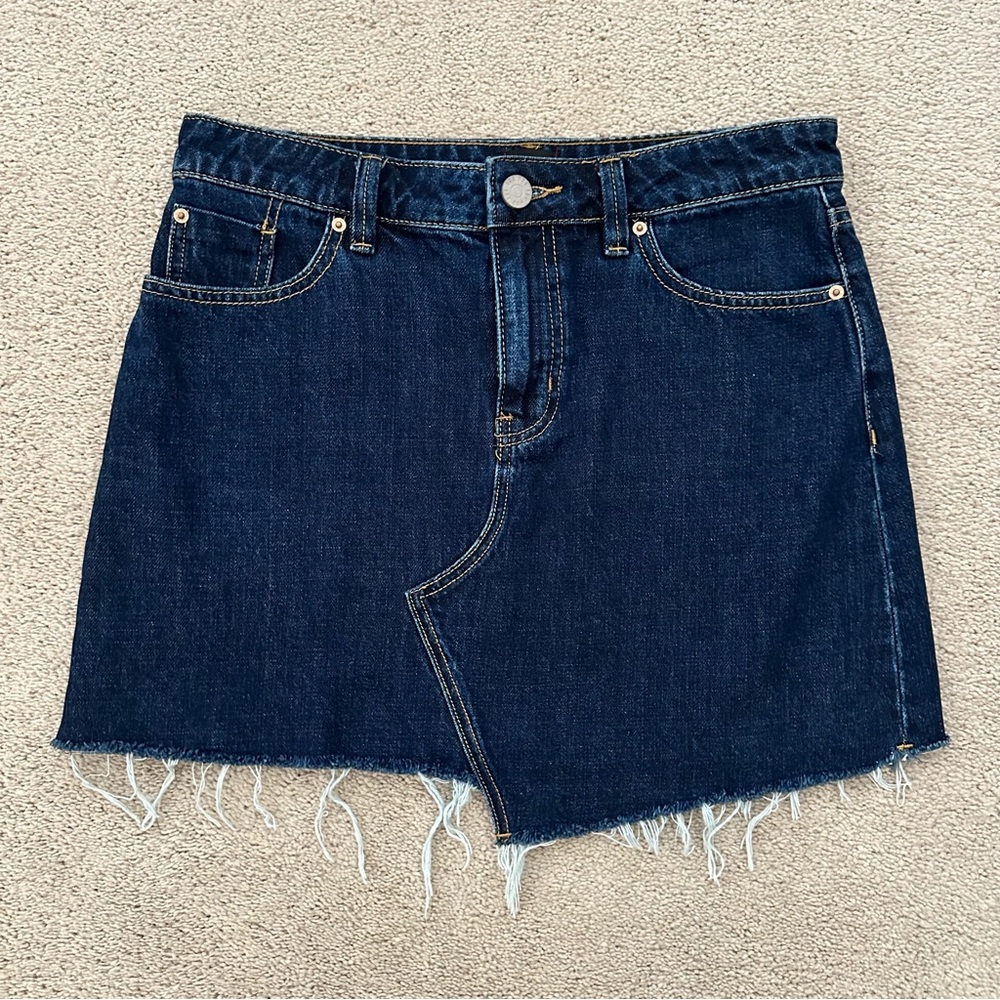 Dark Wash Asymmetrical Frayed Hem Denim Mini Skirt - BDG Urban Outfitters